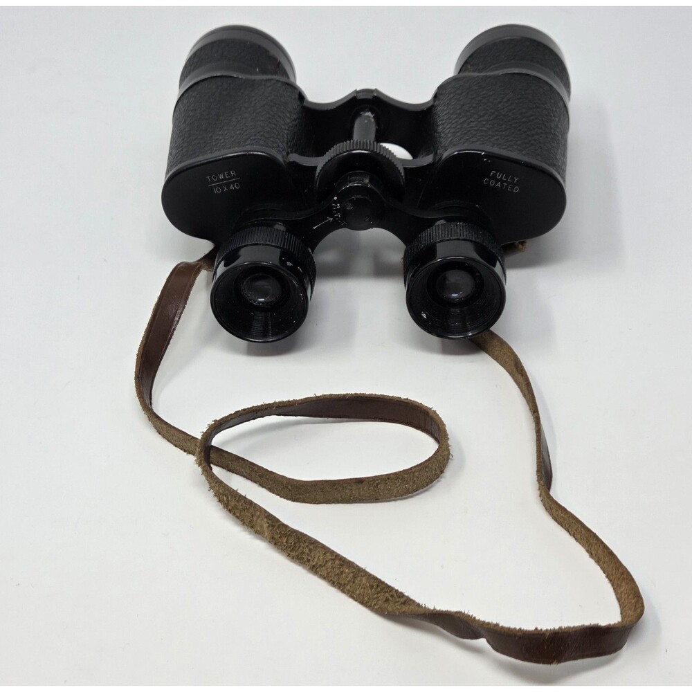 Vintage Tower 10x40 Fully Coated Binoculars Sears w/Leather Case & Strap 1960s